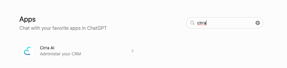 ChatGPT Apps search results for "cirra" showing the Cirra AI app with an Administer your CRM description