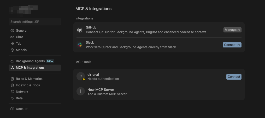 Cursor's MCP & Integrations settings panel showing the cirra-ai MCP server listed under MCP Tools with a Connect button, and an Add Custom MCP Server option below it