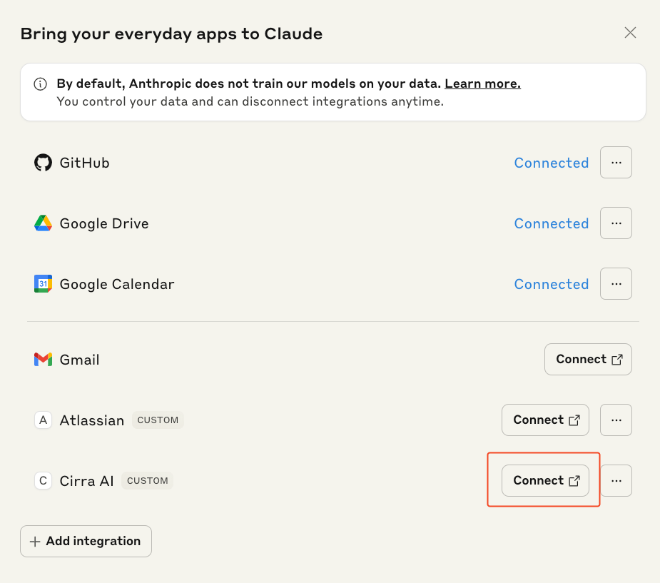 Bring your everyday apps to Claude — list of connected apps including GitHub, Google Drive, and Google Calendar, with the Connect button for the Salesforce MCP server highlighted
